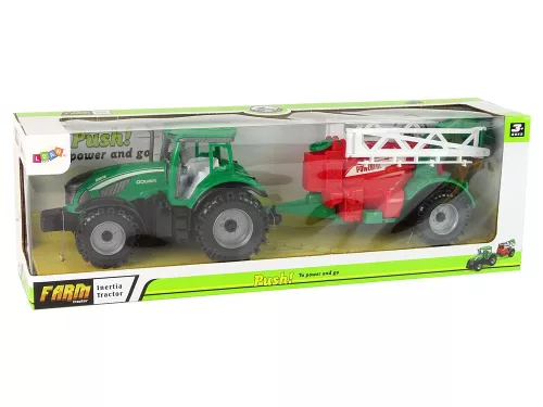 Zöld mezőgazdasági traktor piros és zöld permetezővel, frikciós meghajtással