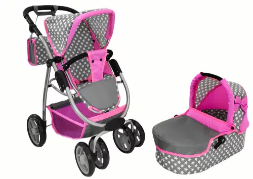 Baby Doll babakocsi 2 az 1-ben mózeskosár rózsaszín csillagokkal