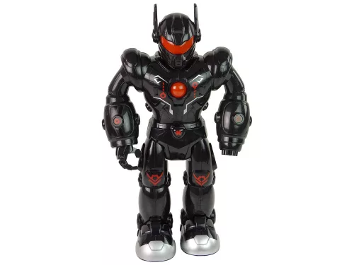Interaktív robot sétál hangos fényekkel, fekete színben
