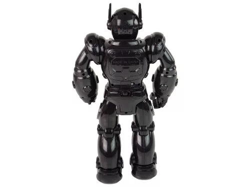 Interaktív robot sétál hangos fényekkel, fekete színben