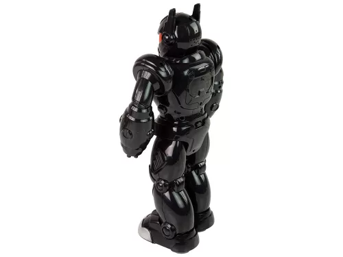 Interaktív robot sétál hangos fényekkel, fekete színben