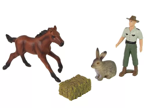 Állatfigurák halmaza, ló, nyúl, gazda
