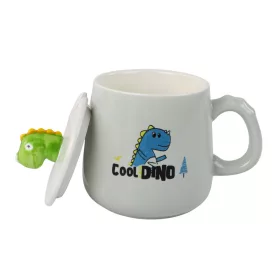   Dinoszaurusz kék kerámia bögre, tetővel, kanállal, 350ml
