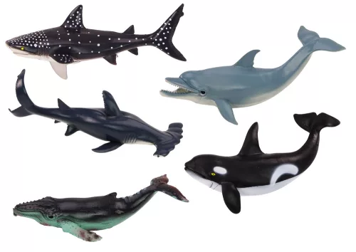 A legnagyobb tengeri állatok, kardszárnyú delfin, bálnacápa figuráinak szettje 6 db