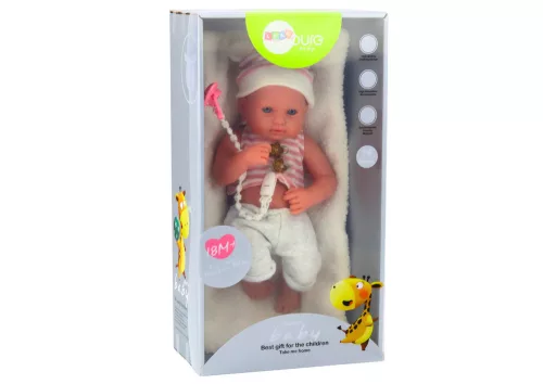 Fehér és rózsaszín ruhás babababa, kalapban, cumiban és takaróban