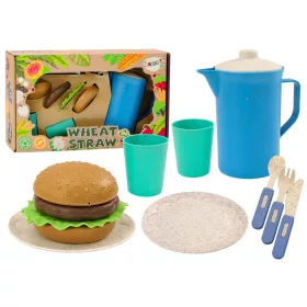   Étkészlet, tányérok, csészék, kancsó, hamburger, evőeszköz, 11 db