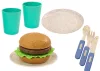 Étkészlet, tányérok, csészék, kancsó, hamburger, evőeszköz, 11 db