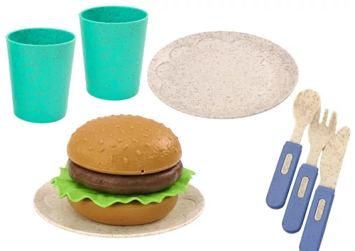 Étkészlet, tányérok, csészék, kancsó, hamburger, evőeszköz, 11 db