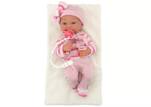 Babybaba, csíkos pulóver, sapka, sál, kiegészítők, rózsaszín