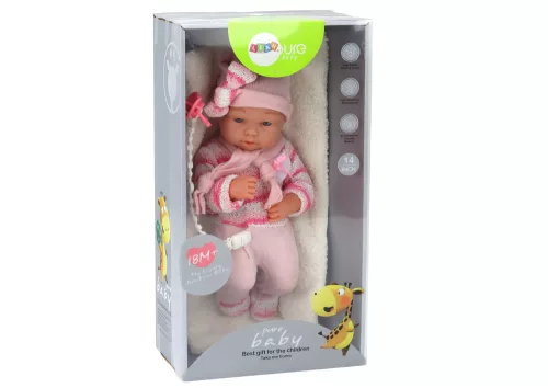 Babybaba, csíkos pulóver, sapka, sál, kiegészítők, rózsaszín