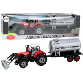 Mezőgazdasági traktor-kotrógép tartálykocsival, piros