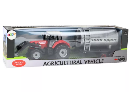 Mezőgazdasági traktor-kotrógép tartálykocsival, piros