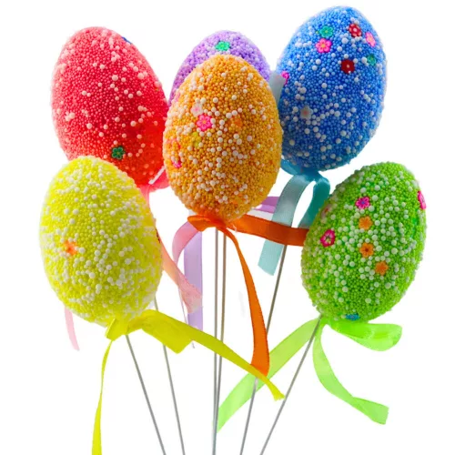 Húsvéti tojások dróton, színes fehér mintás szalagdíszítéssel, 6 db