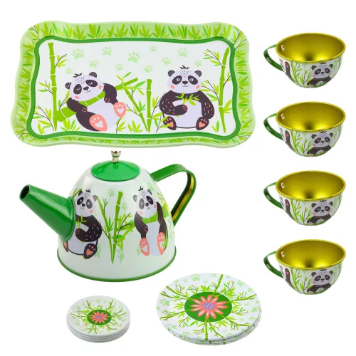 14 db-os fém kancsós teáskészlet panda zöld tányérokkal