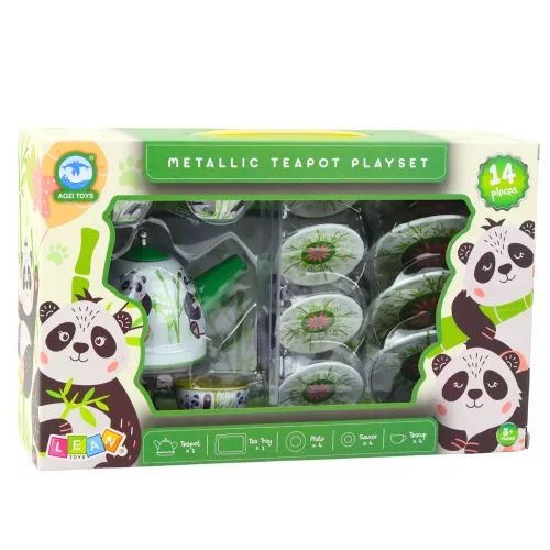 14 db-os fém kancsós teáskészlet panda zöld tányérokkal