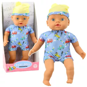 Baby Doll Kék Ruhák Mintás Kalap Fülekkel 31cm