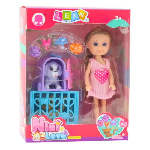 Mini baba kiegészítőkkel, cica babakocsi, rózsaszín babakészlet