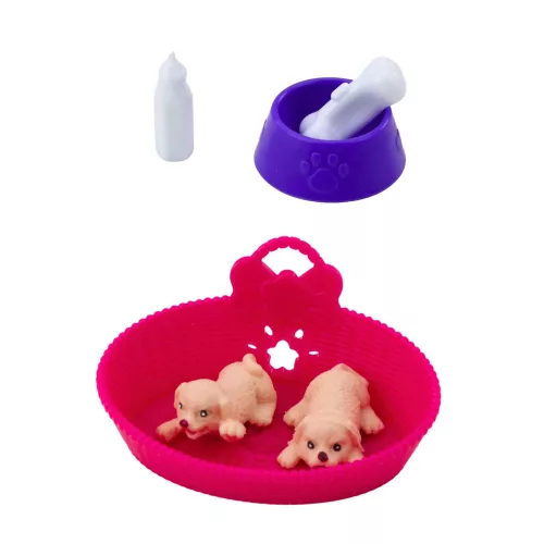 Mini baba szett két kiskutyával, ággyal, tállal és cumisüveggel