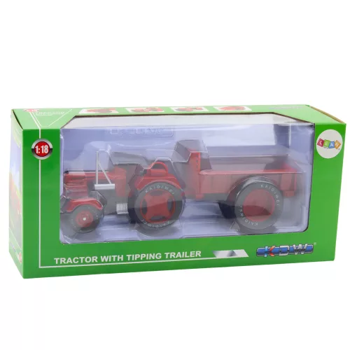 Fém mezőgazdasági traktor utánfutóval, piros 1:18