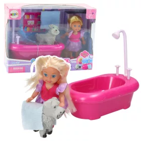 Mini baba szett káddal és fehér kutyával, rózsaszín