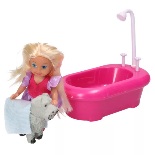 Mini baba szett káddal és fehér kutyával, rózsaszín