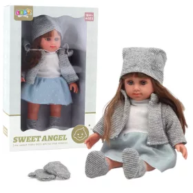 Kék ruhás baba, kalap, pulóver, kesztyű, 36,5 cm