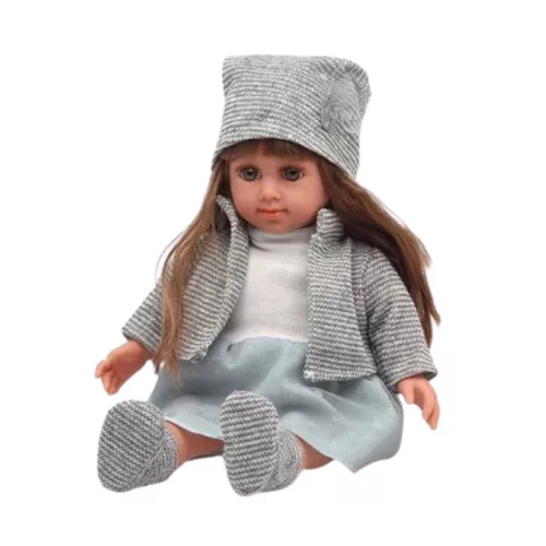 Kék ruhás baba, kalap, pulóver, kesztyű, 36,5 cm