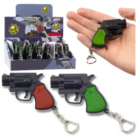   Mini pisztoly revolver kulcstartó kütyü LED fény lézer 6,5 cm