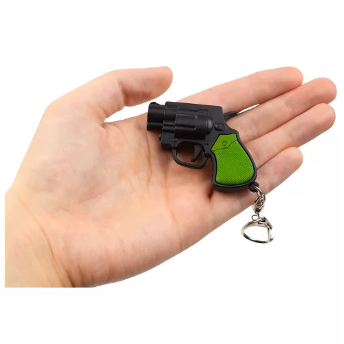 Mini pisztoly revolver kulcstartó kütyü LED fény lézer 6,5 cm