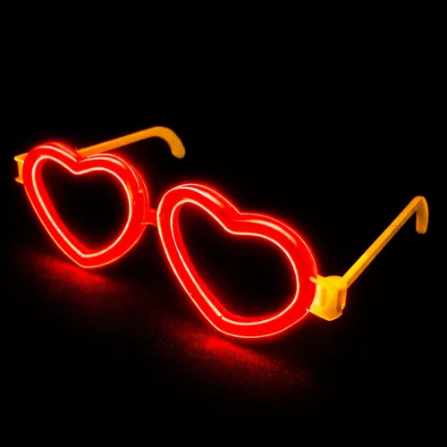 Fluoreszkáló szív alakú szemüveg, sötétben világító stift, neonpiros