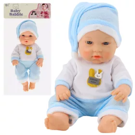   Kék pizsamás babababa, sapkával, mozgatható karokkal és lábakkal, 30 cm