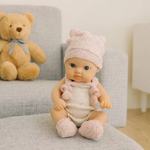 Baba, Rózsaszín Ruha, Kalap, Előke, 18 cm