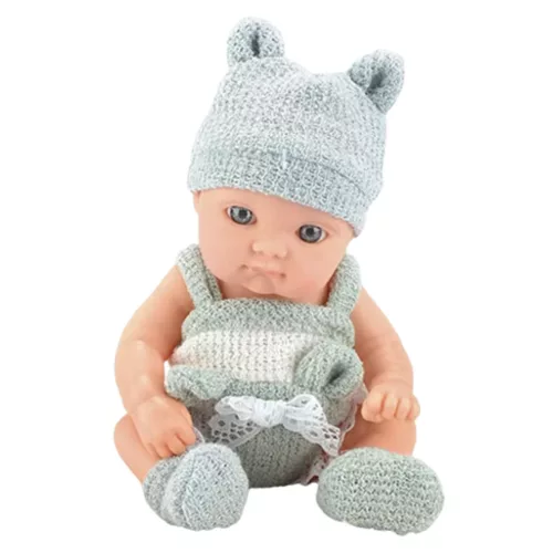 Baba takaróval, fehér és szürke ruhában, kalapban, 18 cm