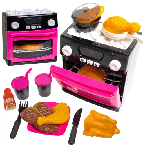 Spielküche mit Backofen, Lebensmitteln, Lichtern, Geräuschen, Rosa