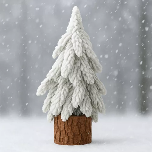 Dekoratív műfenyő hóval borított törzsön 30 x 10 cm