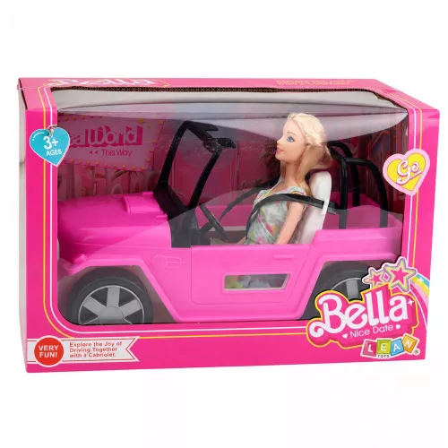 Bella baba színes ruhában, rózsaszín kabrió autó szett