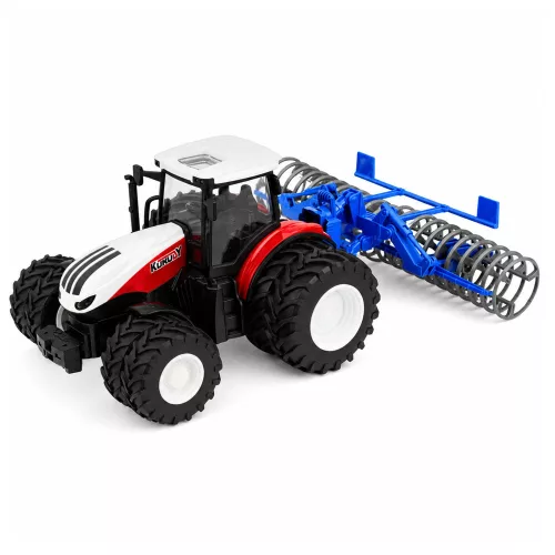 Távirányítású traktor görgővel, piros lámpákkal, 1:24