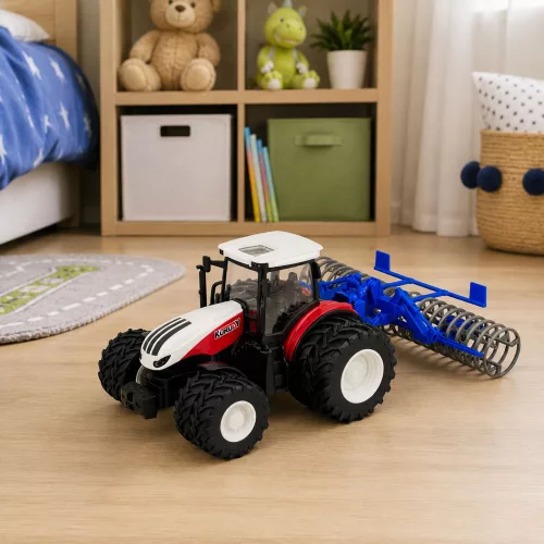 Távirányítású traktor görgővel, piros lámpákkal, 1:24
