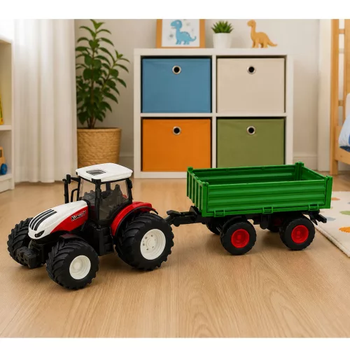Távirányítású mezőgazdasági traktor billenőpótkocsival, világítással, hanggal 1:24