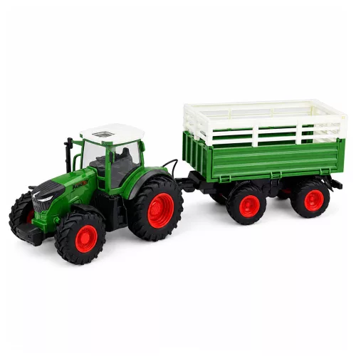 Távirányítású mezőgazdasági traktor billenő pótkocsival és lámpákkal 1:24