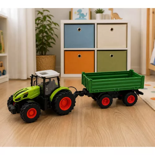 Távirányítású mezőgazdasági traktor billenő pótkocsival zöld 1:24