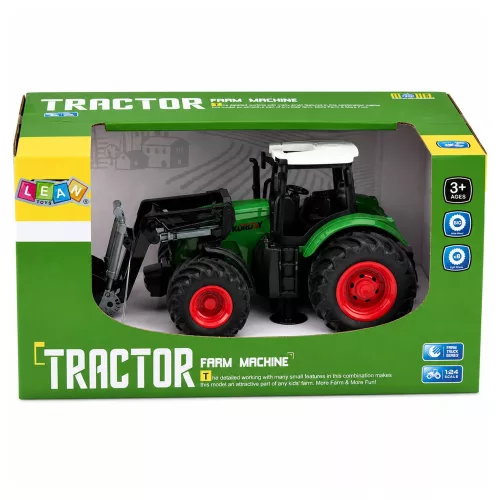 Mezőgazdasági traktor homlokrakodóval, gumikerekekkel, zöld, 1:24