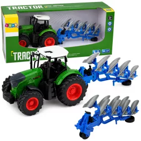   Mezőgazdasági traktor dupla barázdás ekével, gumikerekekkel, zöld, 1:24