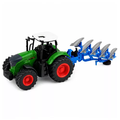 Mezőgazdasági traktor dupla barázdás ekével, gumikerekekkel, zöld, 1:24