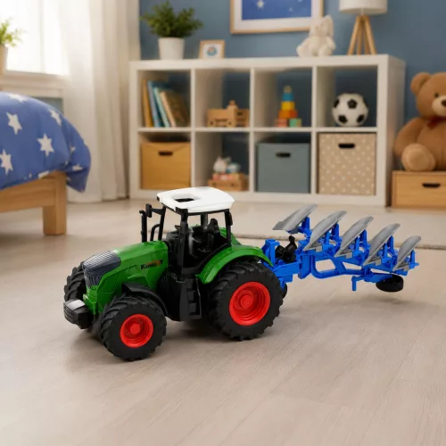 Mezőgazdasági traktor dupla barázdás ekével, gumikerekekkel, zöld, 1:24