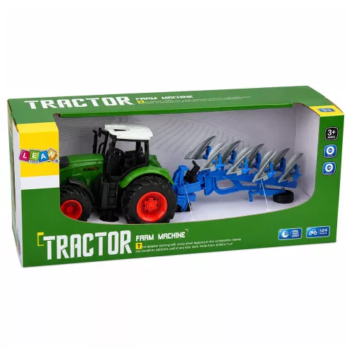 Mezőgazdasági traktor dupla barázdás ekével, gumikerekekkel, zöld, 1:24
