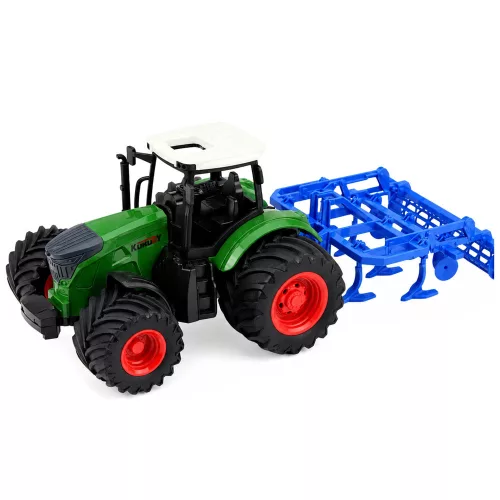 Mezőgazdasági traktor kultivátorral és talajművelő egységgel, zöld színben, 1:24