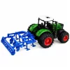 Mezőgazdasági traktor kultivátorral és talajművelő egységgel, zöld színben, 1:24