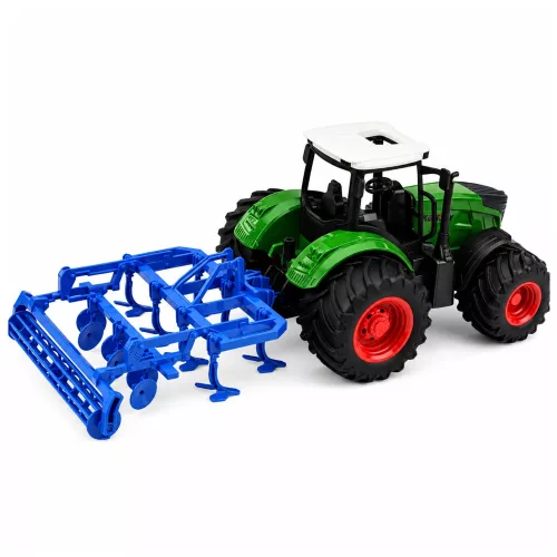 Mezőgazdasági traktor kultivátorral és talajművelő egységgel, zöld színben, 1:24