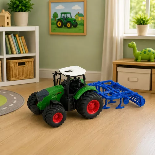 Mezőgazdasági traktor kultivátorral és talajművelő egységgel, zöld színben, 1:24